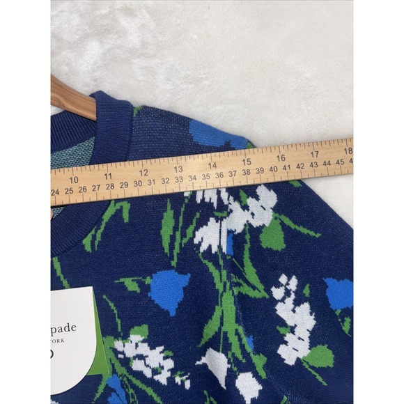 Kate Spade Floral Print Short Sleeve Crewneck Sweater Top Sz L Blue Pull Over - Picture 5 of 11